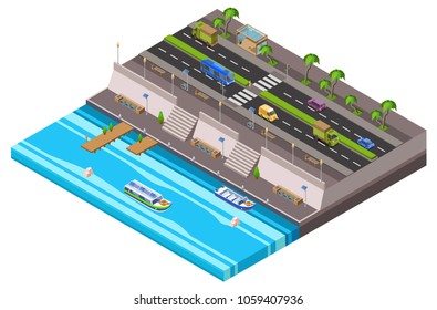 Riverside city isometric 3D vector illustration of waterfront town traffic lane along ferry boat pier. Isometric cars and vans on highway road and ferryboats at river port for city map plan