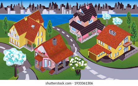 Riverside country houses surrounded by trees and hillside roads, a natural landscape overlooking the metropolis on the far side of the river.Isometric buildings of various types and detailed.