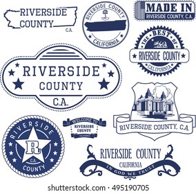 Riverside county, California. Set of generic stamps and signs including Riverside county map and seal elements.