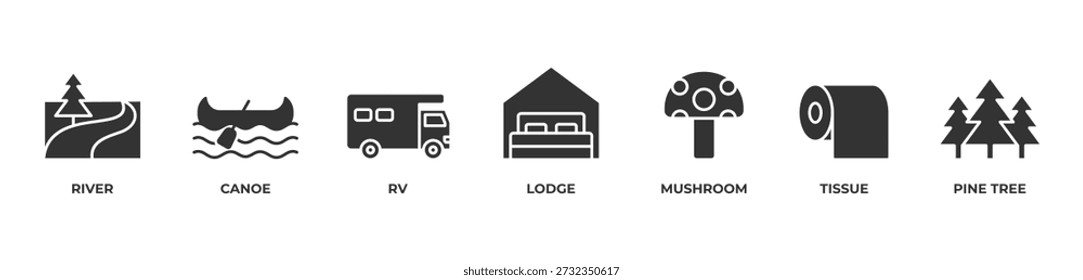 Riverside Escape Icons set ilustração vetorial glifo com rio, canoa, Rv, Lodge, cogumelo, tecido, pinheiro
Fuga da Floresta