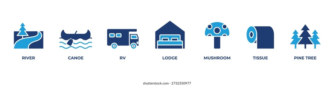 Riverside Escape Icons set ilustração vetorial azul com rio, canoa, Rv, Lodge, cogumelo, tecido, pinheiro
Fuga da Floresta