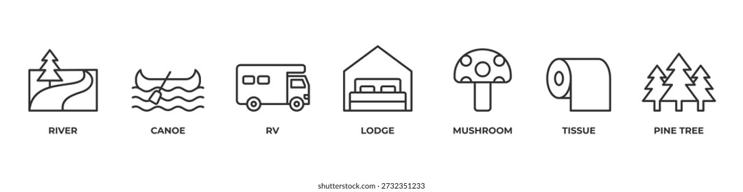 Riverside Escape Icons set ilustração vetorial com River, Canoa, Rv, Lodge, Cogumelo, Tecido, Pinheiro
Fuga da Floresta