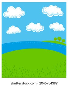 Riverside with island, trees and clouds. Vector background cartoon illustration isolated on white.