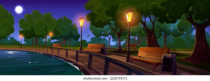 Riverside night park lane with benches and illuminated light posts under green trees growing along river. Cartoon vector illustration of beautiful public garden under dark sky with stars and full moon