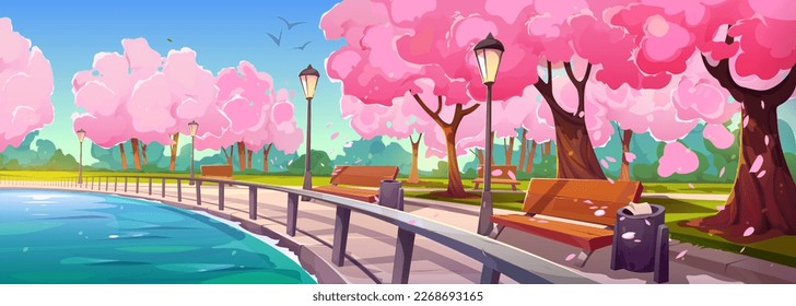 Riverside park with sakura trees blooming along promenade. Vector cartoon illustration of sunny day in spring public garden, cherry blossom with pink flowers, petals in air, empty benches near water