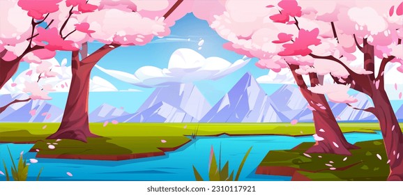 Riverside sakura garden on mountain background. Vector cartoon illustration of river water flowing between old cherry blosson trees with pink flowers, asian spring park under blue sky with clouds