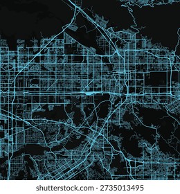 Riverside and San Bernardino City Map discover precise linework and structured grids in this minimalist urban blueprint capturing a monochrome aesthetic with a touch of neon cyan.