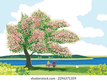 Riverside scenery with a large tree with pink flowers