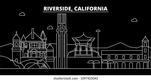 Riverside silhouette skyline. USA - Riverside vector city, american linear architecture, buildings. Riverside travel illustration, outline landmarks. USA flat icon, american line banner