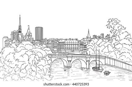 Riverside street view in the old city. Paris cityscape view with river and bridge