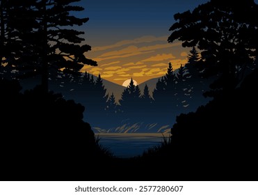 Riverside sunset illustration with forest
