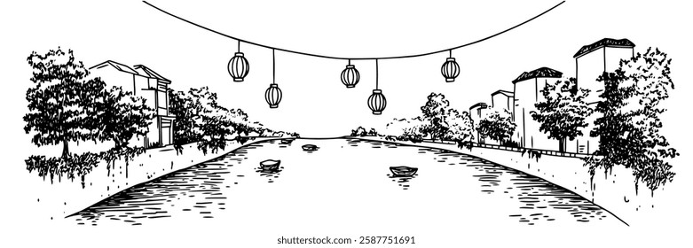 riverside town with hanging lanterns in hand-drawn line art style