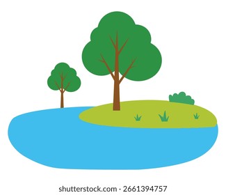 Ilustração do vetor de Riverside com design paisagístico, árvores e elemento de água. Uma ilustração cênica do vetor da paisagem.