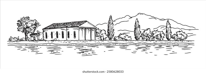 riverside villa with cypress trees and mountain backdrop, hand-drawn vector artwork