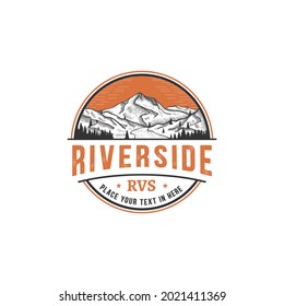 Riverside, vintage retro engraving with mountain and river logo tamplate