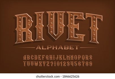 Rivet alphabet font. Steampunk rusty letters and numbers. Stock vector typescript for your design.