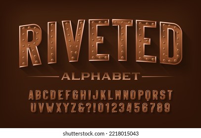 Riveted alphabet font. Steampunk rusty letters and numbers. Stock vector typeface for your design.