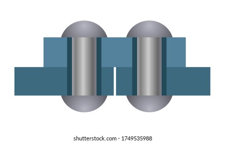 Riveted connection of two metal plates. Butt joint. Vector illustration isolated on white background