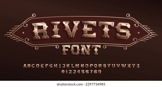 Rivets alphabet font. Riveted vintage letters and numbers in steampunk style. Stock vector typescript for your design.