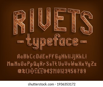 Rivets alphabet font. Steampunk letters, numbers and punctuation. Uppercase and lowercase. Stock vector typescript for your design.