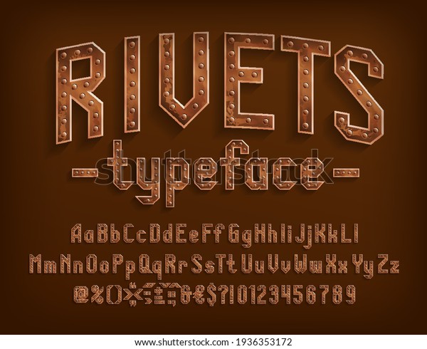 Rivets alphabet font. Steampunk letters, numbers
and punctuation. Uppercase and lowercase. Stock vector typescript
for your design.
