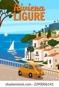 Riviera Ligure Italy, mediterranean romantic landscape, mountains, seaside town, sea. Retro poster travel svg