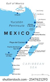 Riviera Maya, no México, mapa político, com Cancun, uma cidade na costa da Península de Yucatan, ao norte da Riviera Mayan. resort na costa do Caribe com a ilha Cozumel, a leste de Playa del Carmen.