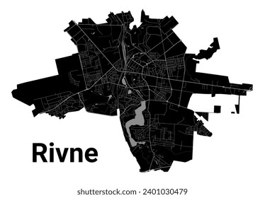 Mapa de la ciudad de Rivne, Ucrania. Fronteras administrativas municipales, mapa de zonas negras y blancas con ríos y carreteras, parques y ferrocarriles. Ilustración vectorial.