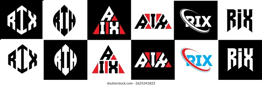 RIX letter logo design in six style. RIX polygon, circle, triangle, hexagon, flat and simple style with black and white color variation letter logo set in one artboard. RIX minimalist and classic logo