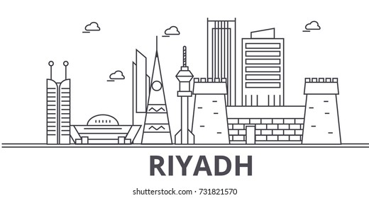 Riyadh architecture line skyline illustration. Linear vector cityscape with famous landmarks, city sights, design icons. Landscape wtih editable strokes