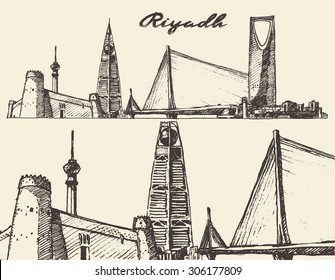 Riyadh, big city architecture, vintage engraved illustration, hand drawn, sketch