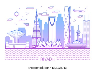 Riyadh city line art Vector illustration with all famous building. Cityscape banner in a trendy modern style, typographic composition of gradient lines and background 