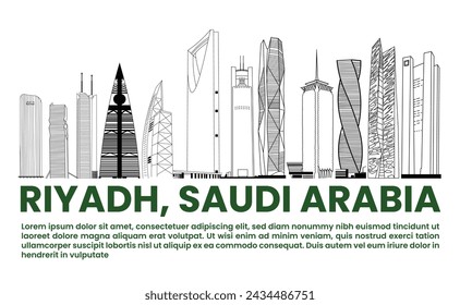 Riad Stadt, Linie Kunst Vektor-Illustration. Wolkenkratzer-Turm in Riad Saudi-Arabien Skyline City. Liniengrafik-Stil
