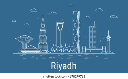 Riad Stadt, Line Art Vector Illustration mit allen berühmten Türmen. Lineares Banner mit Showplace. Zusammensetzung der modernen Gebäude, Stadtlandschaft. Riad-Gebäude-Set