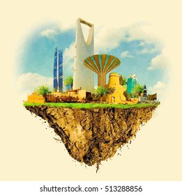 RIYADH city on floating land vector water color illustration 