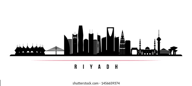 Riyadh city skyline horizontal banner. Black and white silhouette of Riyadh city, Saudi Arabia. Vector template for your design. 