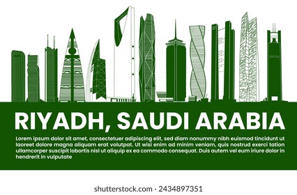 In: Riyadh City Skyline. In: Line Art Vector Illustration. Wolkenkratzer-Turm in Riad Saudi-Arabien Skyline City. Stadtbild-Silhouette. Städtischer Hintergrund mit Wahrzeichen und Wolkenkratzern