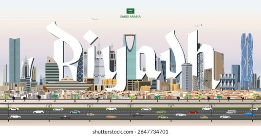 Riyadh cityscape colorful vector illustration with big city name on the background. Travel trendy poster