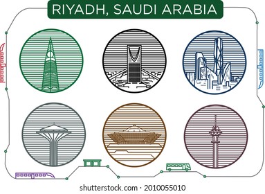 Riyadh Landmarks with Metro Train and Transport concept. Editable Clip Art.