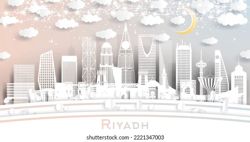 Riyadh Arabia Saudita Cielo en Estilo Cortado de Papel con Edificios Blancos, Luna y Neon Garland. Ilustración vectorial. Concepto de viajes de negocios y turismo. El paisaje urbano de Riad con monumentos.