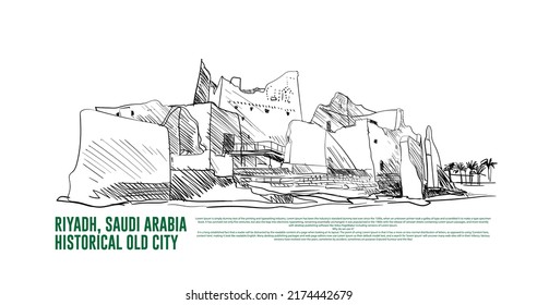 Riyadh Saudi Arabia old city Historical Place. line art Vector Illustration. 