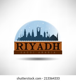 Riyadh, Saudi Arabia, skyline silhouette design in snow globe, vector illustration.