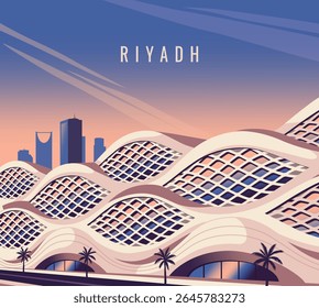 Riyadh, Saudi Arabia. Travel destination poster with modern architecture of arab city with railway metro station. Futuristic Cityscape. Tourism and journey. Cartoon flat vector illustration