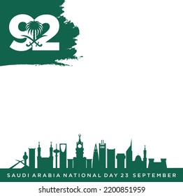 Riyadh, September 23, 2022. Translation Arabic Text: Saudi National Day. 92 years anniversary. Kingdom of Saudi Arabia Flag. Vector Illustration. Eps 10.