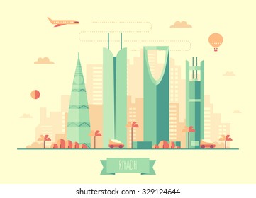 Riyadh skyline architecture, vector illustration with plane, cars and air balloon, flat design