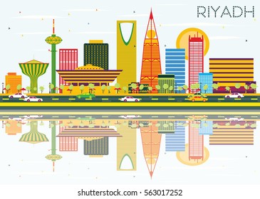 Riyadh Skyline with Color Buildings, Blue Sky and Reflections. Vector Illustration. Business Travel and Tourism Concept. Image for Presentation Banner Placard and Web Site.