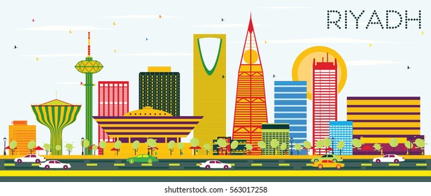 Riyadh Skyline with Color Buildings and Blue Sky. Vector Illustration. Business Travel and Tourism Concept. Image for Presentation Banner Placard and Web Site.