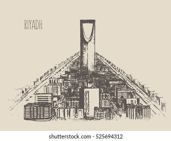 Riyadh skyline detailed silhouette, Saudi Arabia. Hand drawn, engraved vector illustration