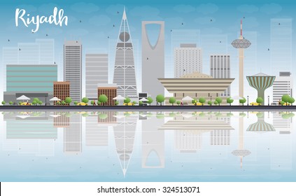 Riyadh skyline with grey buildings, blue sky and reflection. Vector illustration. Business and tourism concept with skyscrapers. Image for presentation, banner, placard or web site