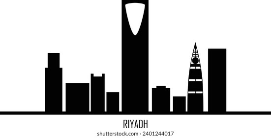 El horizonte de Riad. Riyadh 
silueta de línea de horizonte y puntos de referencia, diseño de gradiente de tono negro sobre fondo blanco, ilustración vectorial. Paisaje de estilo plano. Plantilla de ciudad de Riad para su diseño. EPS